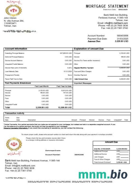 Iran Bank Melli wyciąg z kredytu hipotecznego w formatach Word i PDF